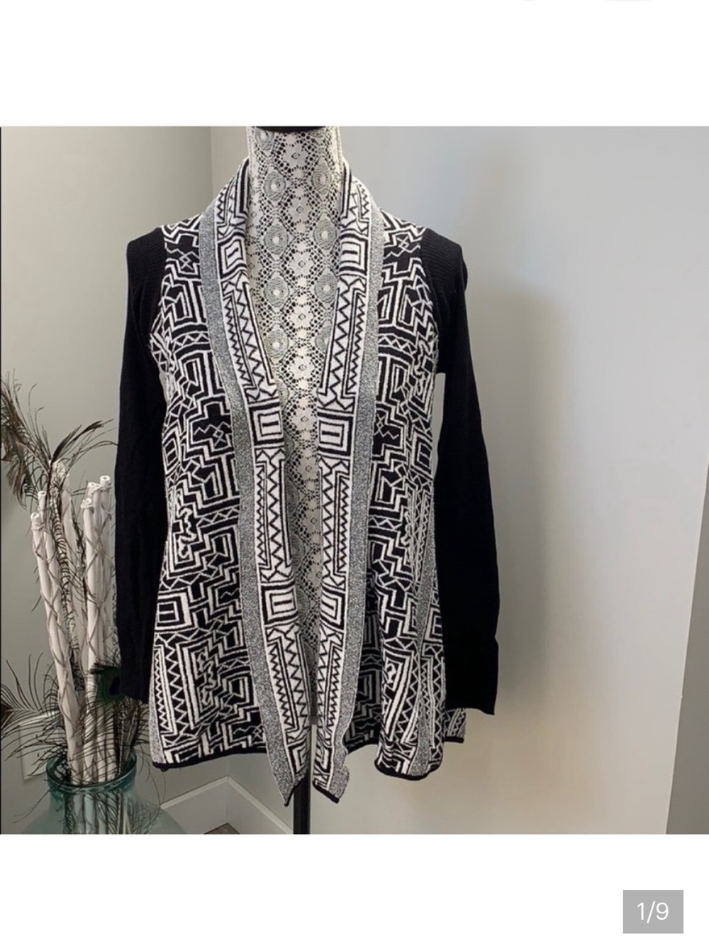 Anthropologie Black and White Geometric Open-Front Cardigan